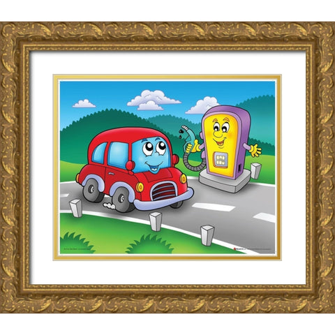 Red Car with Smiling Petrol Station Gold Ornate Wood Framed Art Print with Double Matting by Viskova, Klara