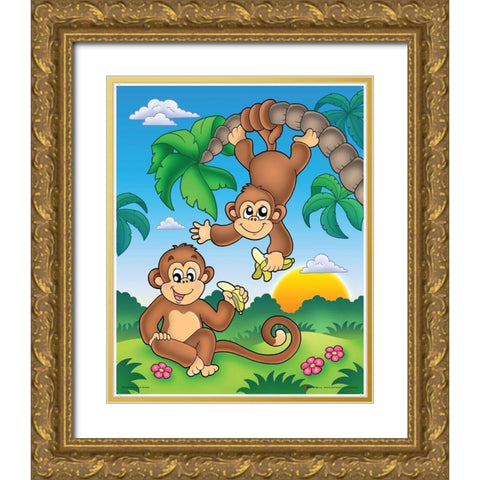 Happy Monkies Gold Ornate Wood Framed Art Print with Double Matting by Viskova, Klara