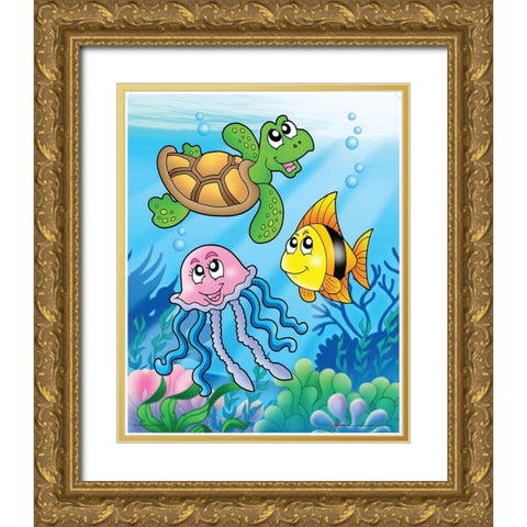 Happy Sea Animals Gold Ornate Wood Framed Art Print with Double Matting by Viskova, Klara
