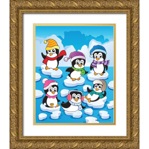 Happy Pinguins Gold Ornate Wood Framed Art Print with Double Matting by Viskova, Klara