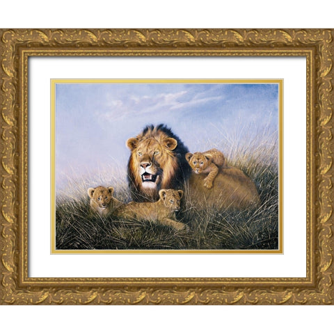 Lion with Lionets Gold Ornate Wood Framed Art Print with Double Matting by Skorepa, Jan