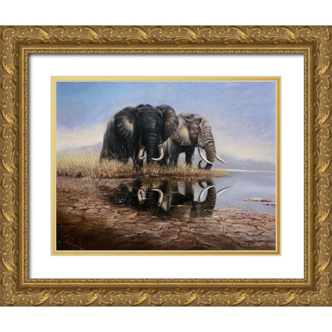 Two Elephants Gold Ornate Wood Framed Art Print with Double Matting by Skorepa, Jan