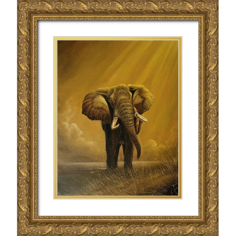 Old Elephant Gold Ornate Wood Framed Art Print with Double Matting by Skorepa, Jan
