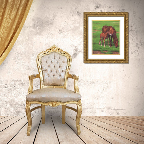 Mare with Foal Gold Ornate Wood Framed Art Print with Double Matting by Bizon, Vladimir