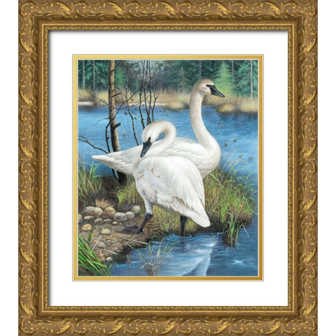 Two Swans Gold Ornate Wood Framed Art Print with Double Matting by Taranenko, Jana