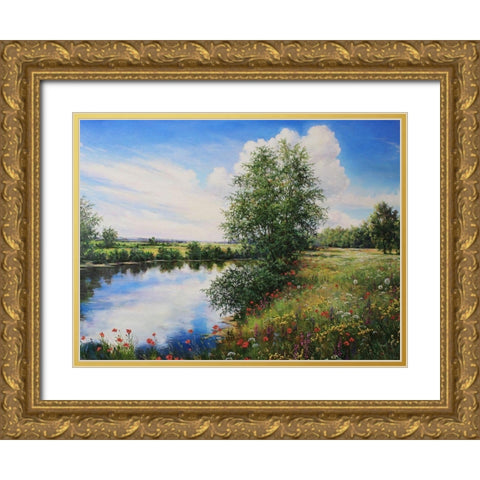 Slowly River Gold Ornate Wood Framed Art Print with Double Matting by Cernov, Ivan