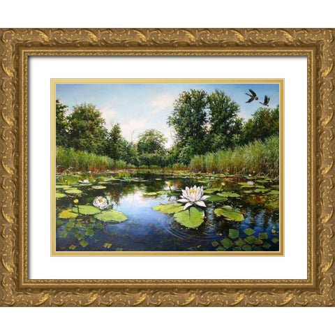 Watterlilly near Dnepropetrovsk Gold Ornate Wood Framed Art Print with Double Matting by Cernov, Ivan