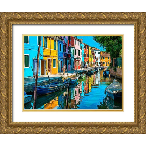 Boats with colorful Houses II Gold Ornate Wood Framed Art Print with Double Matting by Medeiros, Celito