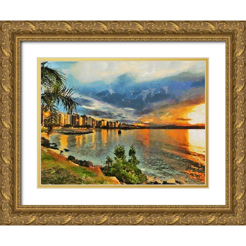 Sunset Beach Gold Ornate Wood Framed Art Print with Double Matting by Medeiros, Celito
