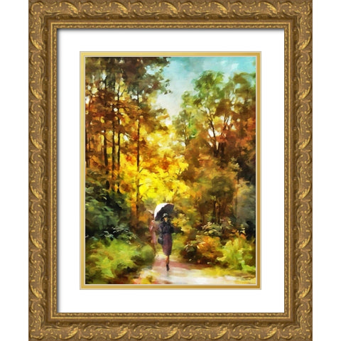 Lady with Umbrella in the Park Gold Ornate Wood Framed Art Print with Double Matting by Medeiros, Celito