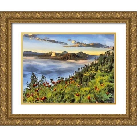 View of the Volcano Gold Ornate Wood Framed Art Print with Double Matting by Medeiros, Celito