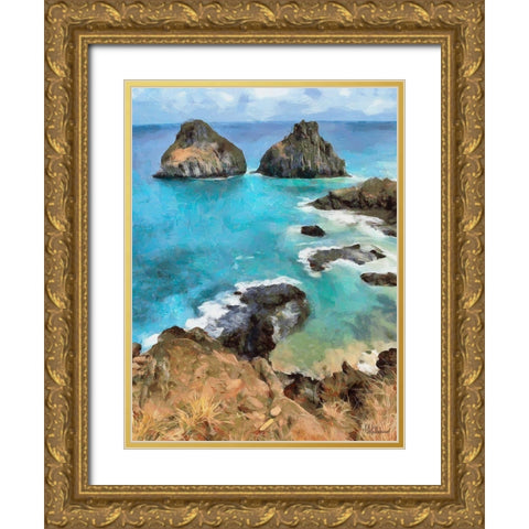 Rocks in Blue Sea Gold Ornate Wood Framed Art Print with Double Matting by Medeiros, Celito
