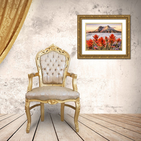 Mountain with Red Flowers in the Front Gold Ornate Wood Framed Art Print with Double Matting by Medeiros, Celito