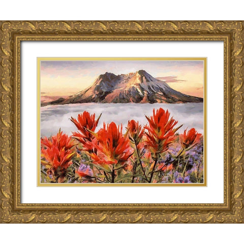 Mountain with Red Flowers in the Front Gold Ornate Wood Framed Art Print with Double Matting by Medeiros, Celito