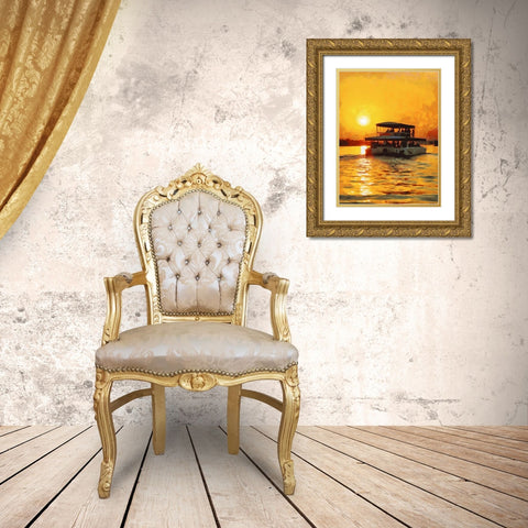 Sunset above the River with Boat Gold Ornate Wood Framed Art Print with Double Matting by Medeiros, Celito