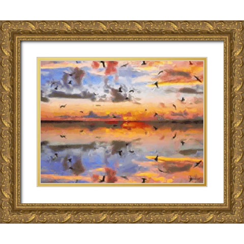 Sunset with Seagulls Gold Ornate Wood Framed Art Print with Double Matting by Medeiros, Celito