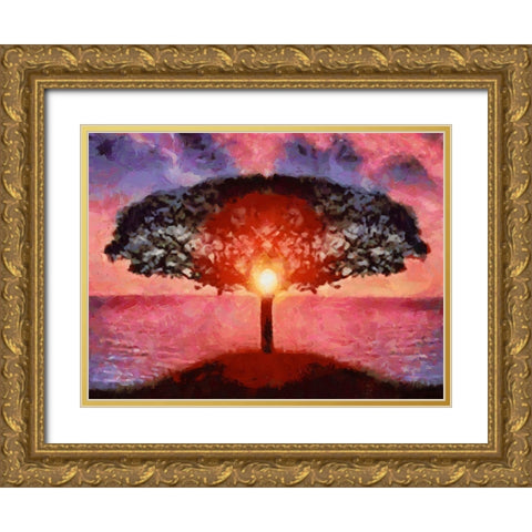 Tree with Sun Gold Ornate Wood Framed Art Print with Double Matting by Medeiros, Celito