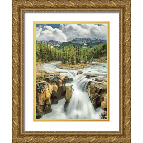 Sunwapta Falls Gold Ornate Wood Framed Art Print with Double Matting by Medeiros, Celito