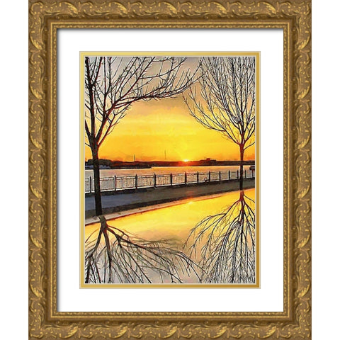 Mirrored Trees by Sunset II Gold Ornate Wood Framed Art Print with Double Matting by Medeiros, Celito
