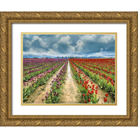 Tulip Field II Gold Ornate Wood Framed Art Print with Double Matting by Medeiros, Celito