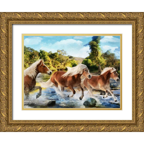 Brown Running Horses Gold Ornate Wood Framed Art Print with Double Matting by Medeiros, Celito