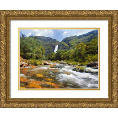 River with Watterfall Gold Ornate Wood Framed Art Print with Double Matting by Medeiros, Celito