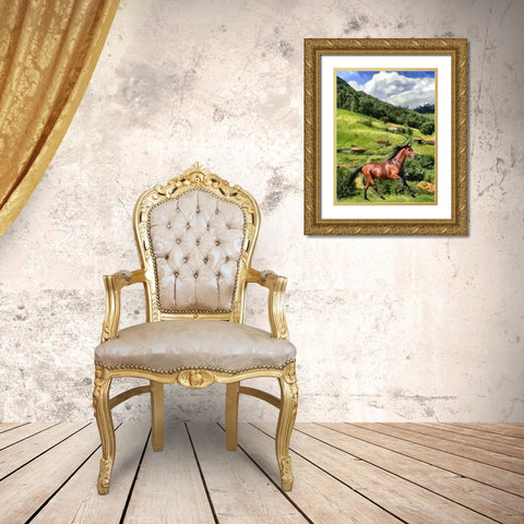 Running Horse in Countryside Gold Ornate Wood Framed Art Print with Double Matting by Medeiros, Celito