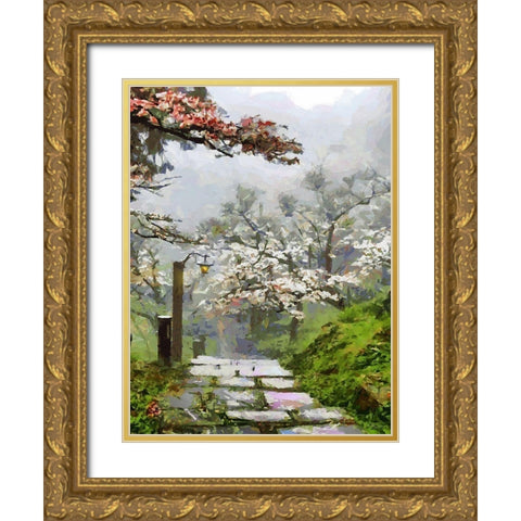 Path in Garden wtih White Trees Gold Ornate Wood Framed Art Print with Double Matting by Medeiros, Celito