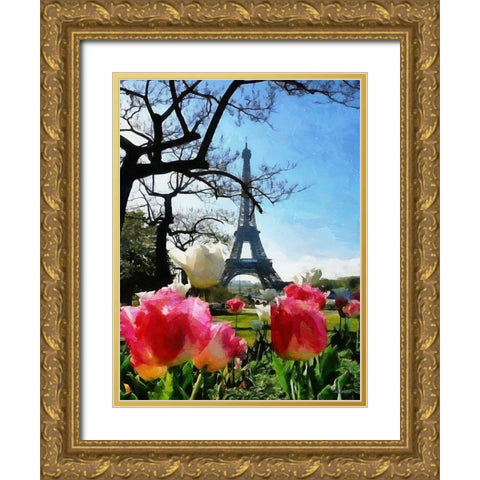 Eiffel Tower with Tulips Gold Ornate Wood Framed Art Print with Double Matting by Medeiros, Celito