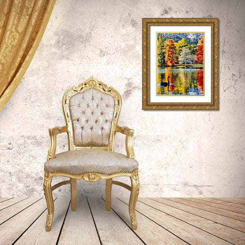 Black Swan with colorful Trees Gold Ornate Wood Framed Art Print with Double Matting by Medeiros, Celito