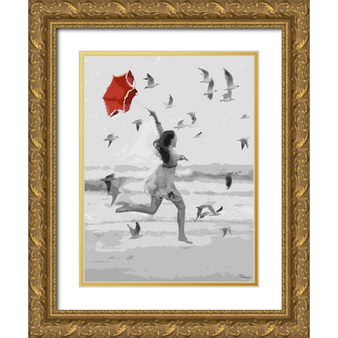 Girl with Red Umbrella I Gold Ornate Wood Framed Art Print with Double Matting by Medeiros, Celito
