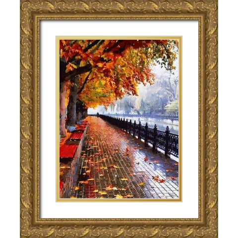 Autumn Waterfront Gold Ornate Wood Framed Art Print with Double Matting by Medeiros, Celito