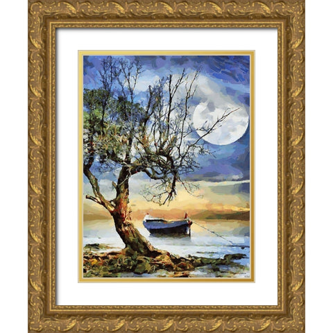 Boat, Tree and Moon Gold Ornate Wood Framed Art Print with Double Matting by Medeiros, Celito