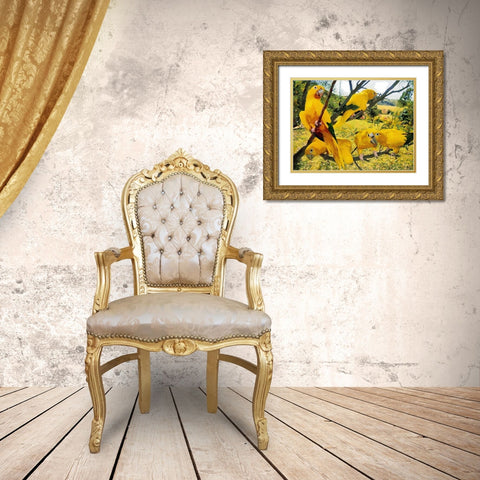 Five Yellow Parrots Gold Ornate Wood Framed Art Print with Double Matting by Medeiros, Celito