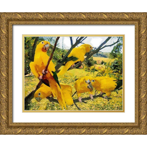 Five Yellow Parrots Gold Ornate Wood Framed Art Print with Double Matting by Medeiros, Celito