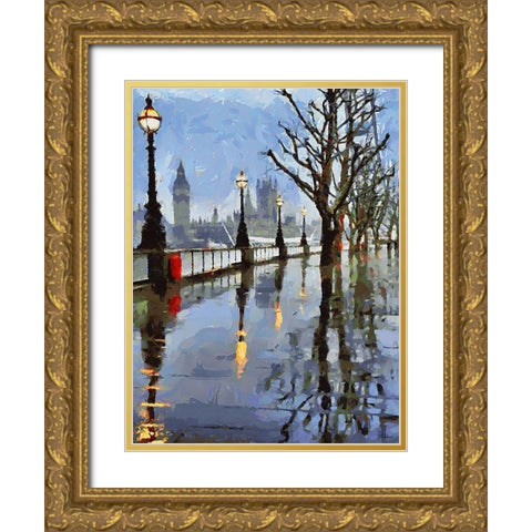 Rainy London Gold Ornate Wood Framed Art Print with Double Matting by Medeiros, Celito