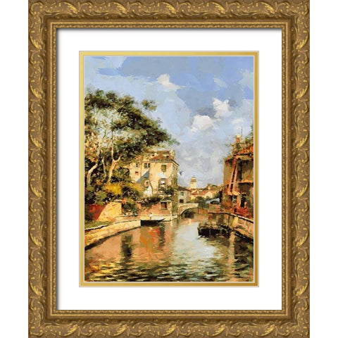 Stone Bridge over Water Gold Ornate Wood Framed Art Print with Double Matting by Medeiros, Celito