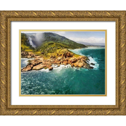 Watterfall on Island Gold Ornate Wood Framed Art Print with Double Matting by Medeiros, Celito