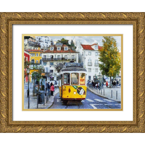 Yellow Tram Gold Ornate Wood Framed Art Print with Double Matting by Medeiros, Celito