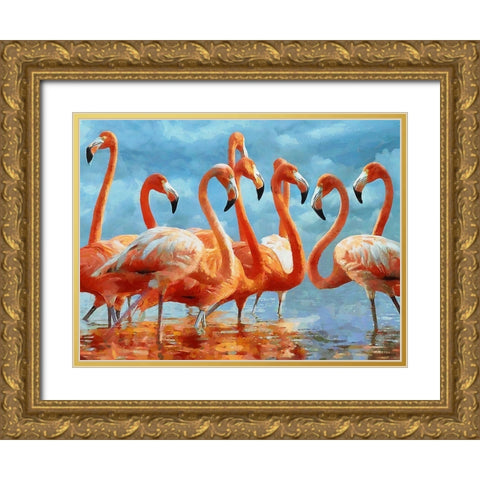Flamingo Gold Ornate Wood Framed Art Print with Double Matting by Medeiros, Celito