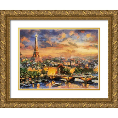Paris on the Evening Gold Ornate Wood Framed Art Print with Double Matting by Medeiros, Celito
