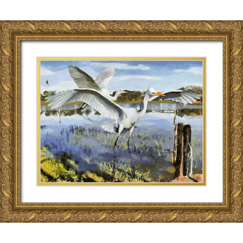 Storks on the Lake I Gold Ornate Wood Framed Art Print with Double Matting by Medeiros, Celito
