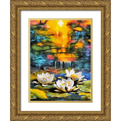 Three Watterlilies Gold Ornate Wood Framed Art Print with Double Matting by Medeiros, Celito