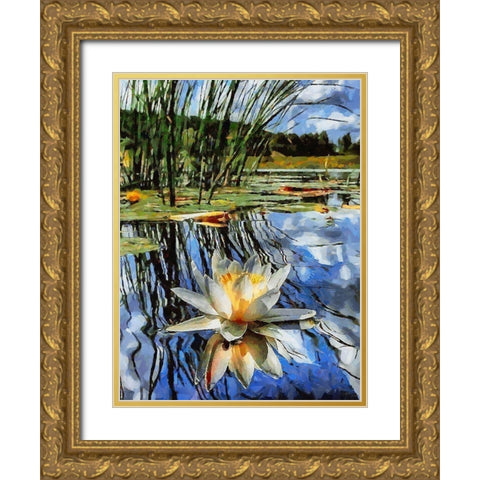 Watterlilly Gold Ornate Wood Framed Art Print with Double Matting by Medeiros, Celito