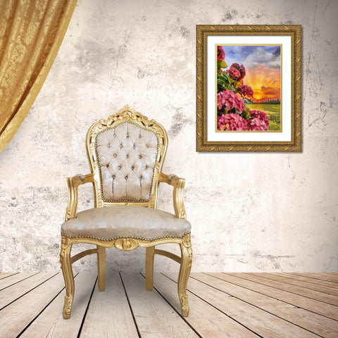Sunset with Pink Flowers I Gold Ornate Wood Framed Art Print with Double Matting by Medeiros, Celito