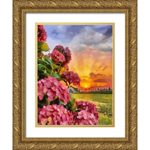 Sunset with Pink Flowers I Gold Ornate Wood Framed Art Print with Double Matting by Medeiros, Celito