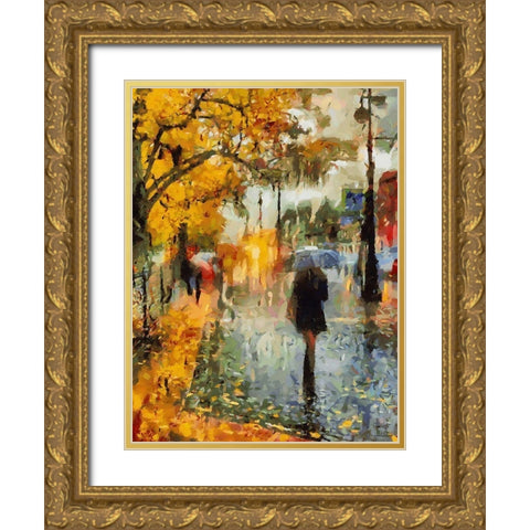 Girl With Umbrella in Autumn Gold Ornate Wood Framed Art Print with Double Matting by Medeiros, Celito