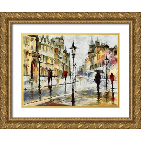 Raining Day in the City Gold Ornate Wood Framed Art Print with Double Matting by Medeiros, Celito