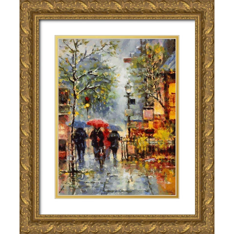 Lady with Red Umbrella and Dog Gold Ornate Wood Framed Art Print with Double Matting by Medeiros, Celito