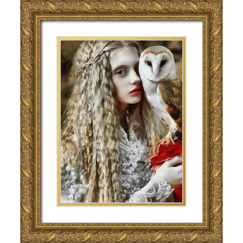 White Girl with Owl Gold Ornate Wood Framed Art Print with Double Matting by Medeiros, Celito